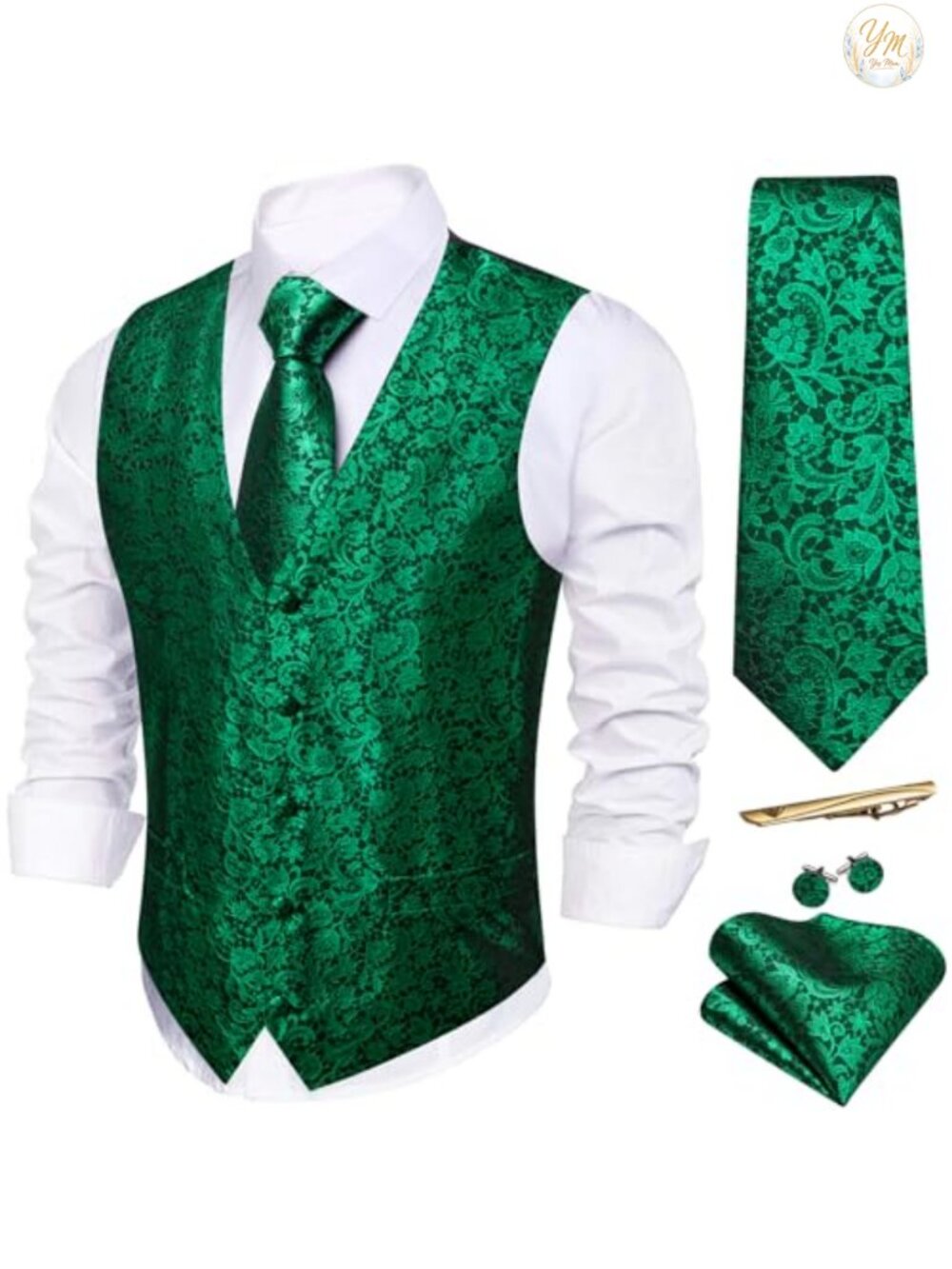 Barry.Wang Men's Suit Vest 5PC Set Silk Blend Paisley Tie Formal Wedding